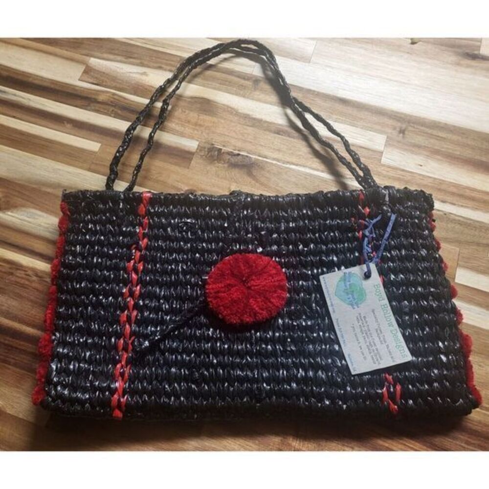 New Handmade Recycled Plastic Bag Woven Black Red Purse Bag 14" Length Pompom